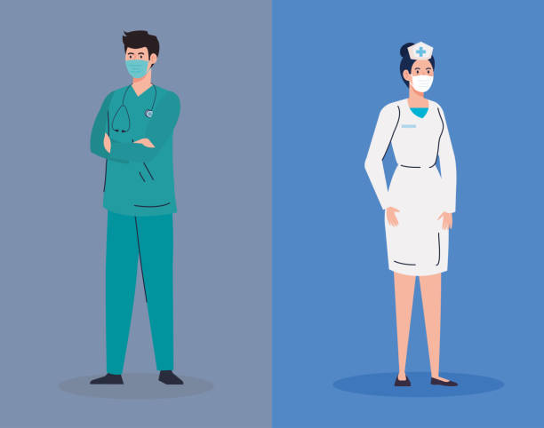 illustrations, cliparts, dessins animés et icônes de infirmière et médecin féminines et masculines avec des uniformes et des masques de conception vectorielle - infirmier