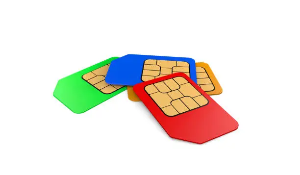3D rendering colored  sim card for mobile phones on white background