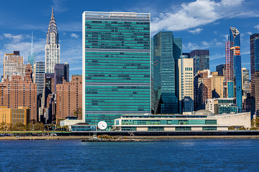 New York, NY, USA - June 4, 2022: The General Assembly and Secretariat buildings at the United Nations headquarters.