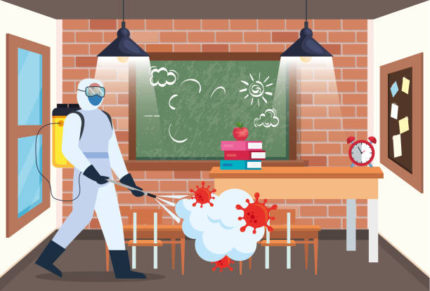Man with protective suit spraying school room with covid 19 vector design Man with protective suit spraying school room with covid 19 virus design, Disinfects clean and antibacterial theme Vector illustration school cleaning stock illustrations