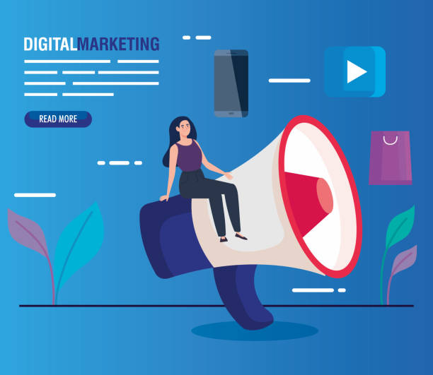 istock woman with megaphone and icon set of digital marketing vector design 1248531327