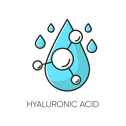 Hyaluronic acid RGB color icon. Hydrating chemical formula. Collagen to prevent wrinkles. Anti-aging effect. Water drop. Korean beauty. Cosmetic ingredient. Isolated vector illustration