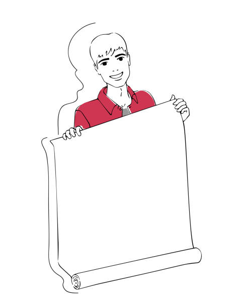 ilustrações, clipart, desenhos animados e ícones de um homem segurando um rolo de papel em branco, faixa, cartaz. modelo de papel de parede. - frame smiling white background human hand