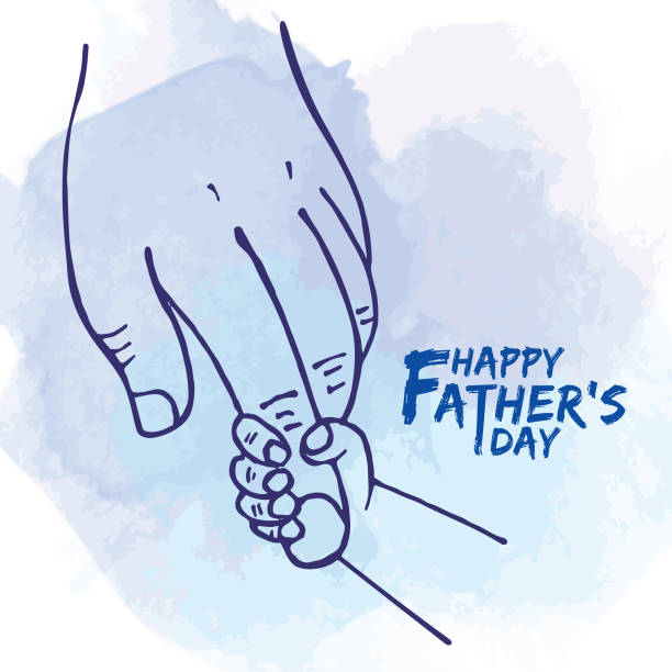 Close-up little child's hand holding daddy's fingers Happy Father's day. Father's hand holding newborn baby fingers in line art style on blue watercolor background. Close-up little child's hand holding daddy's fingers. father stock illustrations