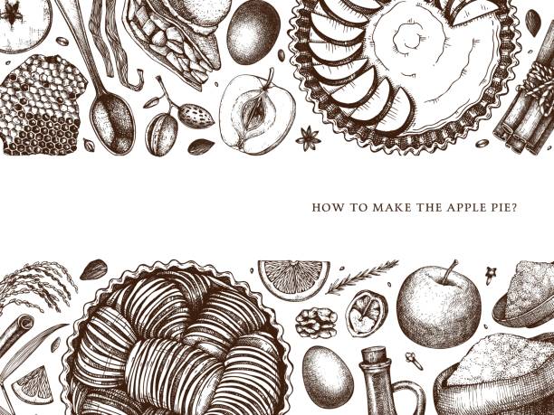 アップルケーキ調理プロセスの背景 - engraving old fashioned cake food点のイラスト素材／クリップアート素材／マンガ素材／アイコン素材