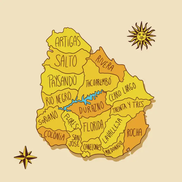Vector illustration of Cute vintage map of Uruguay with provinces