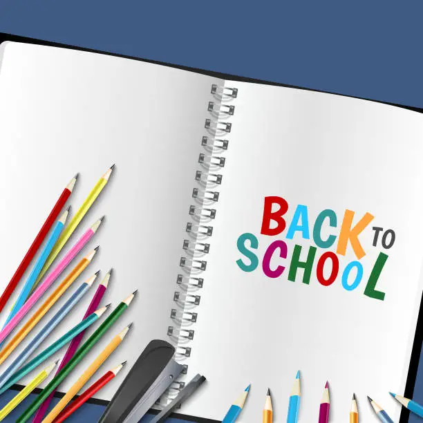 Vector illustration of Back to school poster with diary and colored crayons