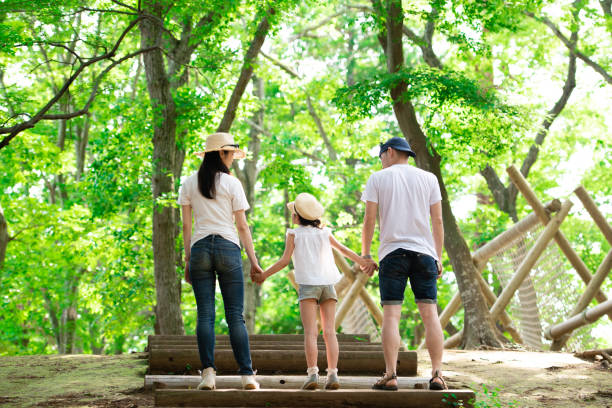 padre, madre e figlia che si tengono per mano nel parco forestale - park child asia lifestyles foto e immagini stock