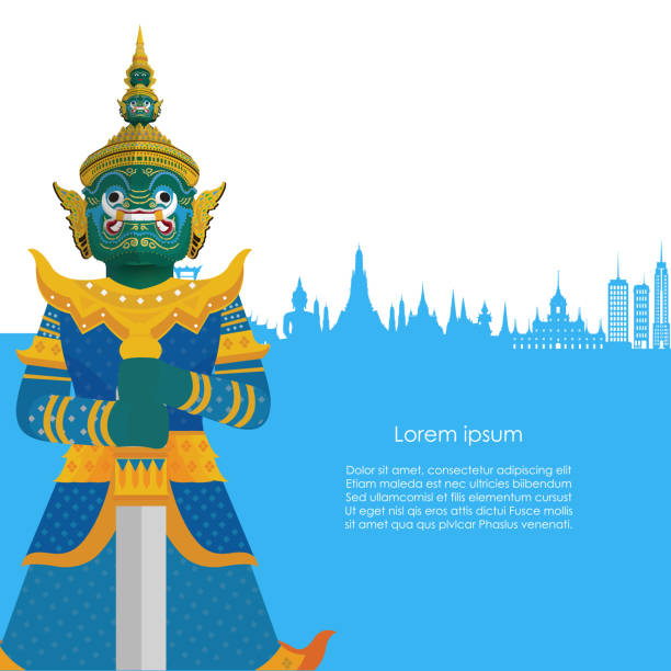 ilustraciones, imágenes clip art, dibujos animados e iconos de stock de gigante guardián en tailandia con monumentos azules - demon statue ancient architecture