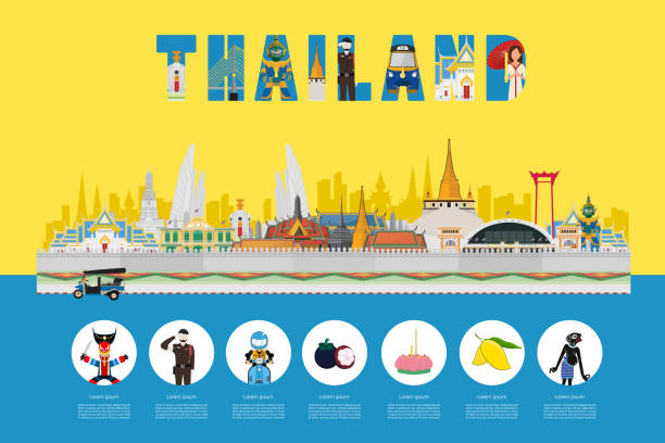 놀라운 태국 여행. 아름다운 문화와 태국방문 라이프 스타일 - bangkok thailand temple skyline stock illustrations