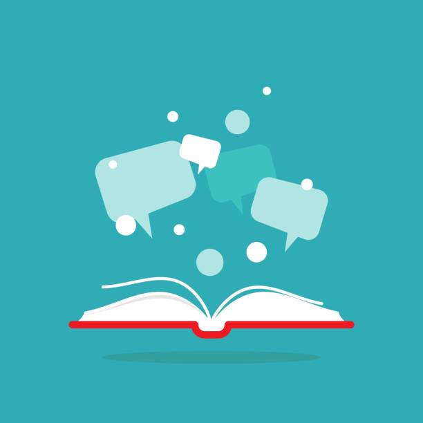 istock Open book with red book cover and speech bubbles and dots flying out. 1248549038