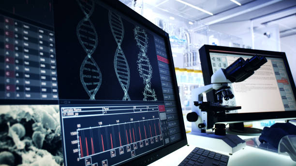 istock Futuristic laboratory equipment. DNA research on computer screens 1248549065