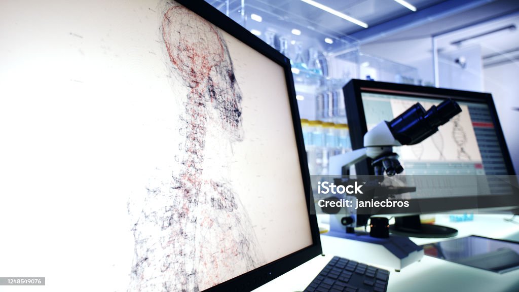 Futuristic Laboratory. Human Exoskeleton Project Device screens with human skeleton research Artificial Intelligence Stock Photo