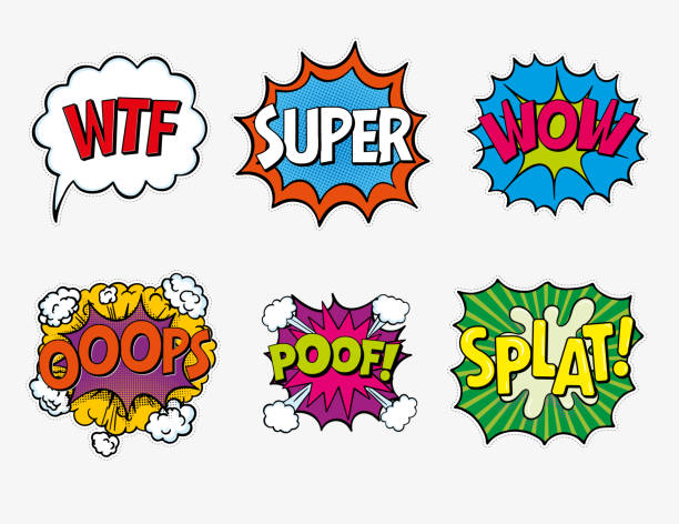 выражение текста wtf, super, wow, oops, пуф, splat - comic book cartoon bang poof stock illustrations