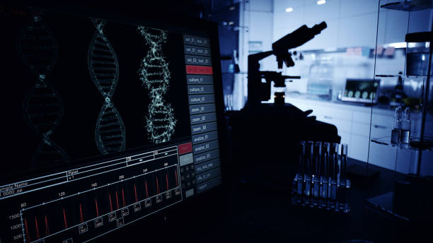 istock Futuristic laboratory equipment. DNA research on computer screens 1248549175