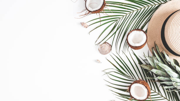 istock Summer composition. Tropical palm leaves, hat, coconut, pineapple on white background. Summer concept. Flat lay, top view, copy space 1248549306
