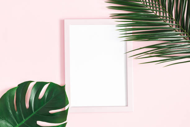 istock Summer composition. Tropical leaves, photo frame on pink background. Summer concept. Flat lay, top view, copy space 1248549338