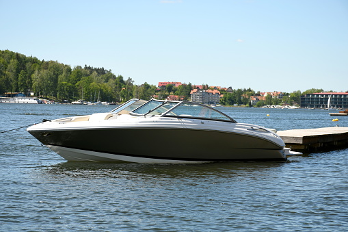 Boats and speedboats parked offshore