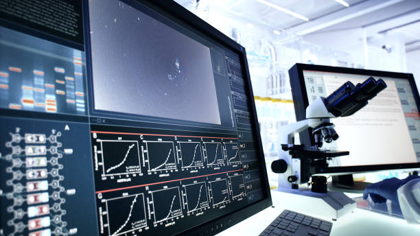 istock Futuristic laboratory equipment. DNA scanning on computer screens 1248549466
