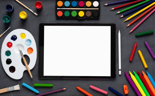 istock Back To School And e-Learning Concept With Stationery Supplies, Digital Tablet And Blackboard 1248550642