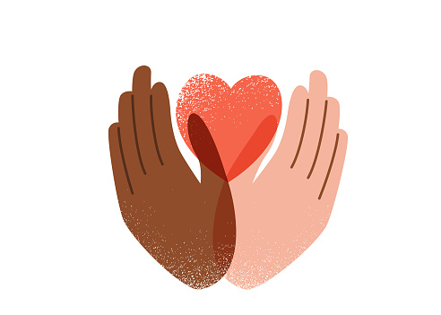 Say no to stop racism, love and peace concept. protest vector background. Human black and white hands hold pink heart, texture effect. Motivational poster against discrimination.