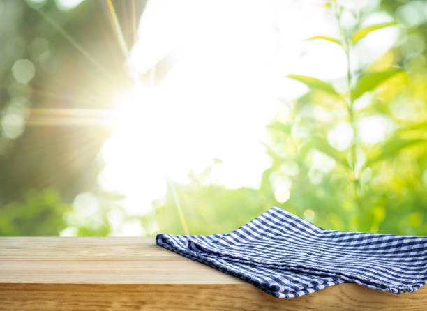istock Blue checked tablecloth on wood with blur green bokeh of tree background 1248555016