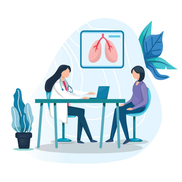 Woman is consulting with a doctor in the office Woman is consulting with a doctor in the office, flat style design isolated on white background patient illustrations stock illustrations