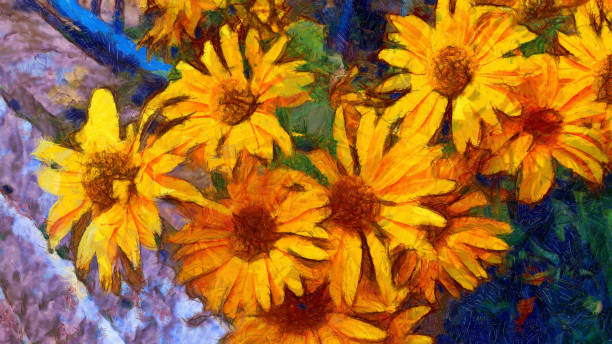 istock Digital illustration: blooming flowers close-up in oil painting style 1248555233