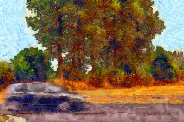 istock Digital illustration: suburban landscape in oil painting style 1248555236