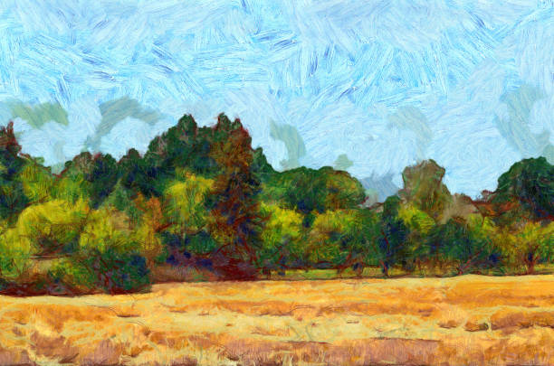 istock Digital illustration: suburban landscape in oil painting style 1248555259