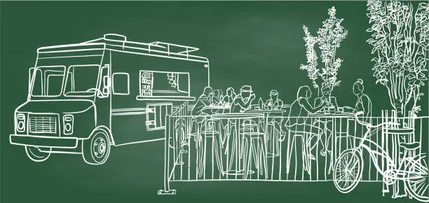 Vector illustration of Food Truck At Noon Chalkboard