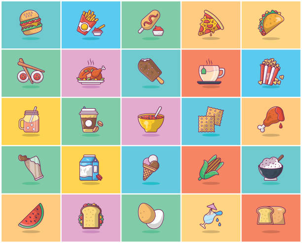bunte flache ikonen des essens - nigri sushi stock-grafiken, -clipart, -cartoons und -symbole