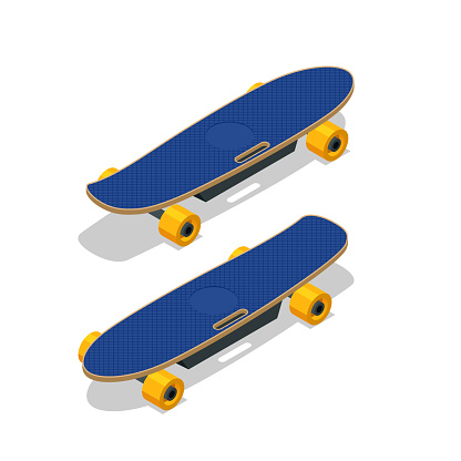 Isometric electric skateboard or longboard isolated on white
