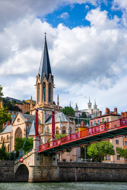 Beautiful St Georges church architecture in Vieux Lyon city wonderful monument in France seen from Saone river stock photo
