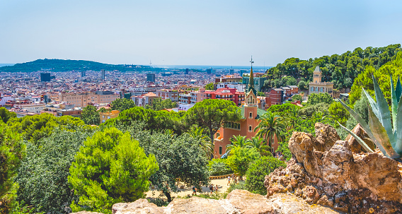 Panoramic view of the Barcelona city from Park Guell, Spain