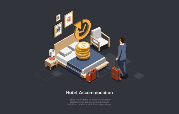 illustrazioni stock, clip art, cartoni animati e icone di tendenza di concetto di alloggio in hotel. imprenditore check-in o check-out in un hotel. l'uomo ha prenotato un appartamento con king size bed. soggiorno in hotel in viaggio d'affari ot vacanza. illustrazione vettoriale 3d isometrica - booked