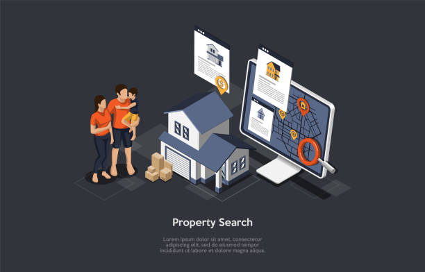 Real Estate Searching Concept. Young Family Mother, Father And Son Searching House For Buying Or Rent On The Internet. Model Of House Exterior With Garage. Isometric 3D Cartoon Vector Illustration Real Estate Searching Concept. Young Family Mother, Father And Son Searching House For Buying Or Rent On The Internet. Model Of House Exterior With Garage. Isometric 3D Cartoon Vector Illustration. cartoon of a searching stock illustrations