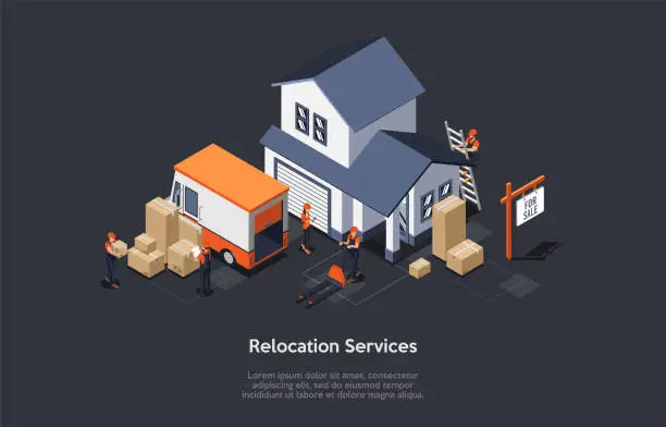 Vector illustration of Concept Of Moving and Real Estate. Moving Service Workers In Coveralls Are Loading Furniture To Moving Service Truck. Moving Process Into a New House. Isometric Cartoon 3D Flat Vector illustration