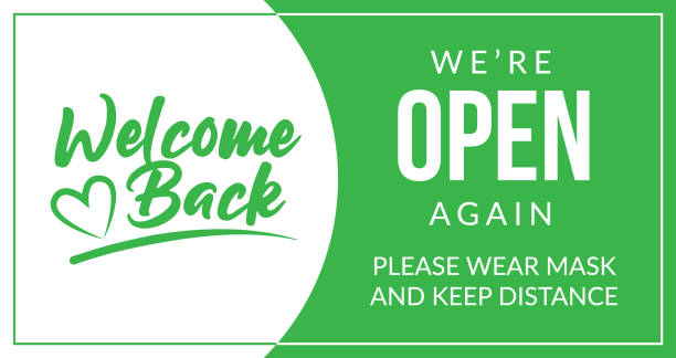 Welcome back! We are open again. Keep social distance and use a face mask. Vector open sign for the door front door sign again stock illustrations