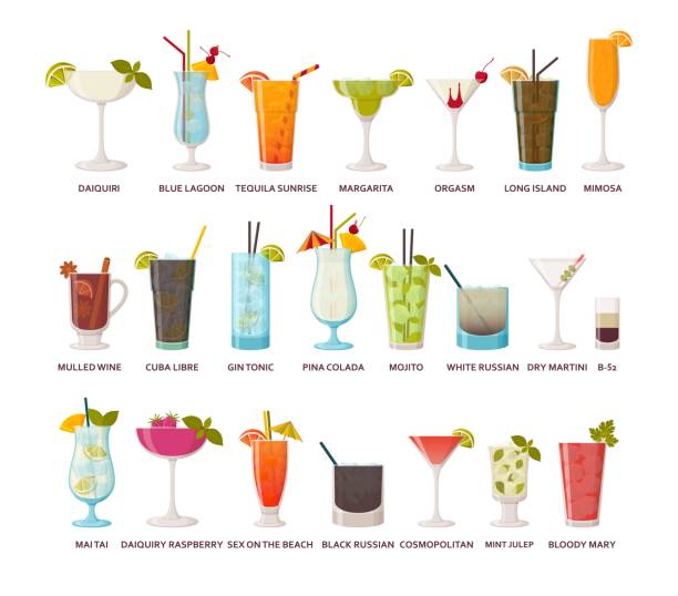 illustrations, cliparts, dessins animés et icônes de collection de cocktails. boissons alcoolisées classiques et tropicales, longues boissons et shots - mai tai