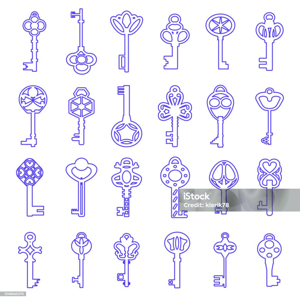 Vintage Antique Key Collection Isolated On White Background Vector Old