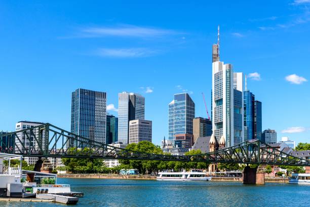 istock Beautiful view on  Frankfurt am Main skyline cityscape with blue sky, clouds, Main river, bridge Eiserner Steg in spring. Hessen, Hesse, Germany. 1248561674