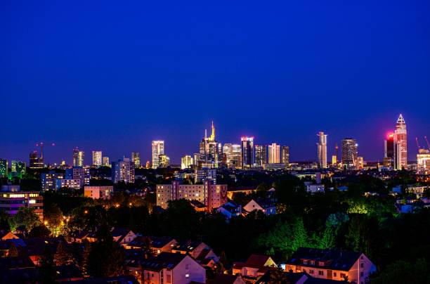 istock Beautiful view on  Frankfurt am Main (european finance center city) downtown skyline cityscape during twilight blue hour, sunset. Hesse, Hessen, Germany 1248561900