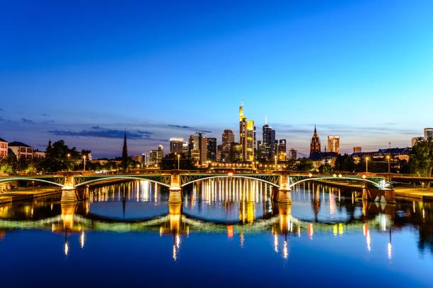 istock Beautiful view on  Frankfurt am Main (european finance center city) downtown skyline cityscape during twilight blue hour, sunset, evening, night. Travel in Hessen. Hesse, Germany 1248561946