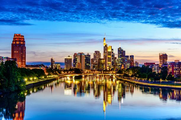 istock Beautiful view on  Frankfurt am Main (european finance center city) downtown skyline cityscape during twilight blue hour, sunset, evening, night. Travel in Hessen. Hesse, Germany 1248562496