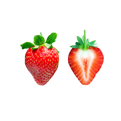 Ripe strawberry and sliced strawberry isolated on white background, flat lay photo