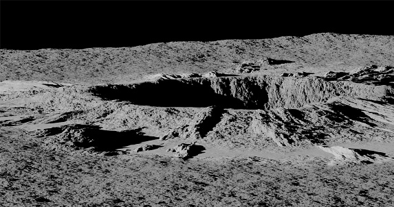 3d rendering. A meteorite crater on the surface of a satellite, moon or planet. Procedurally generated crater texture.