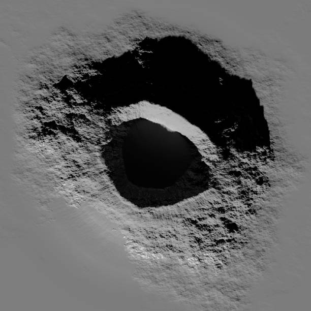 3d rendering. A meteorite crater on the surface of a satellite, moon or planet. Procedurally generated crater texture.