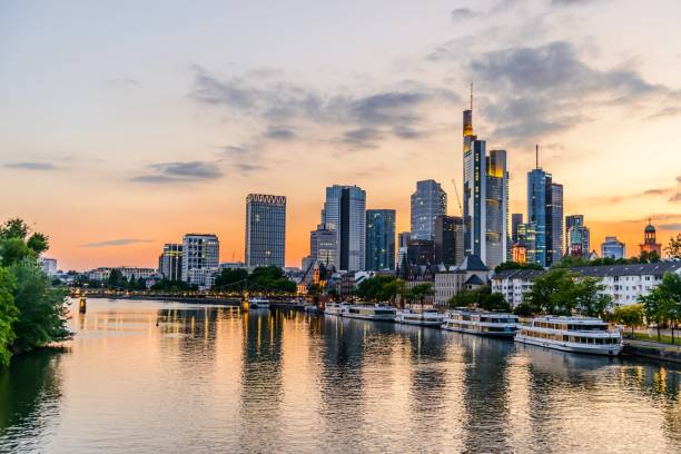 istock Beautiful view on  Frankfurt am Main (european finance center city) downtown skyline cityscape during twilight blue hour, sunset. Hesse, Hessen, Germany 1248562923
