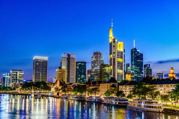 istock Beautiful view on  Frankfurt am Main (european finance center city) downtown skyline cityscape during twilight blue hour, sunset. Hesse, Hessen, Germany 1248563013